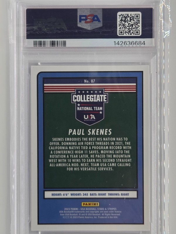2023 Panini Stars & Stripes Usa #87 Paul Skenes PSA 10 Rookie Collegiate NatL TM view 2