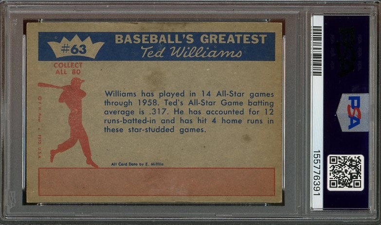 1959 Fleer T. Williams #63 Ted's All-Star VG-EX Record PSA 4 Red Sox 6391 view 2