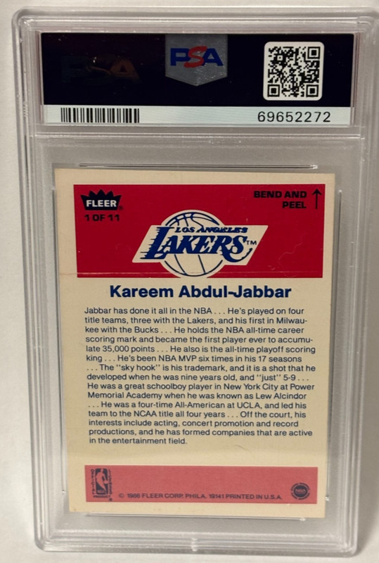 1986 FLEER STICKER Basketball KAREEM ABDUL JABBAR #1 Graded PSA 5 EX Lakers view 2