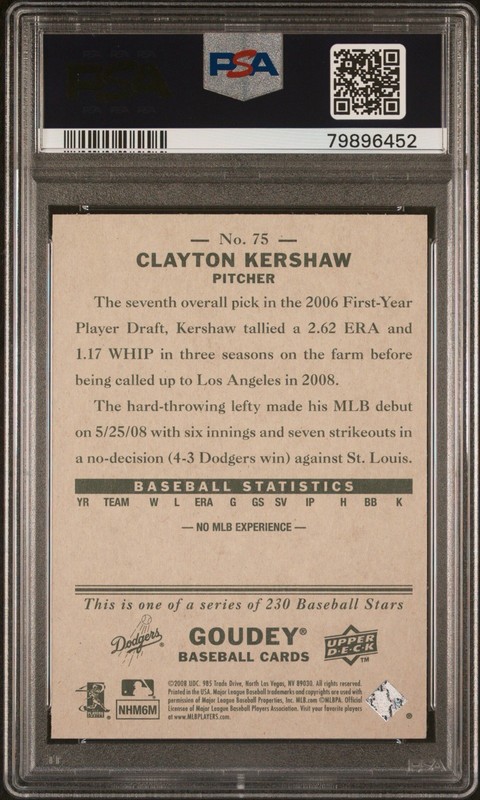 2008 Goudey Clayton Kershaw Rookie #75 PSA 10 view 2