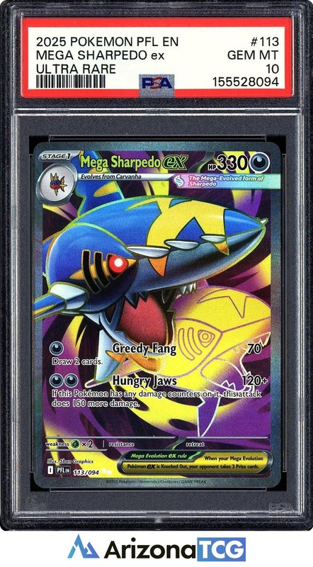 Pokemon 2025 Mega Sharpedo ex 113/094 Ultra Rare Phantasmal Flames GEM MT PSA 10