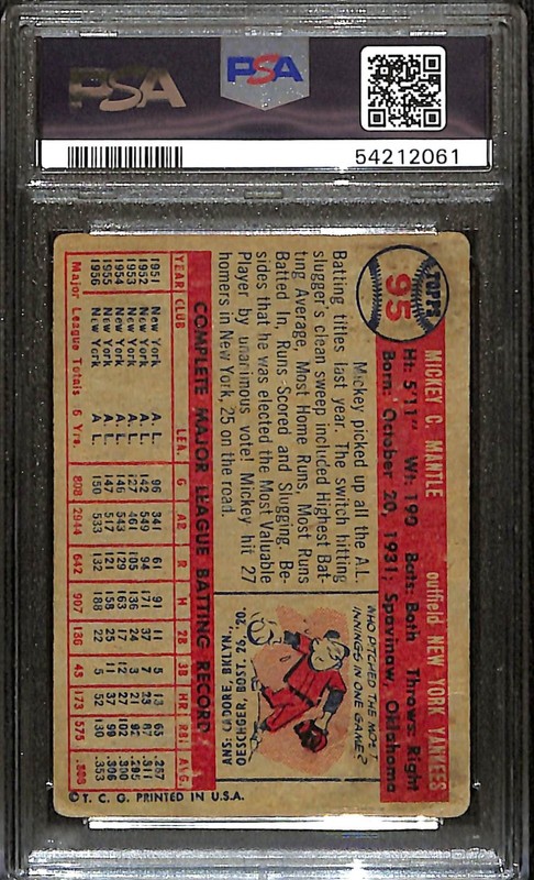 1957 Topps - Mickey Mantle #95 PSA 1 RARE New York Yankees Legend view 2