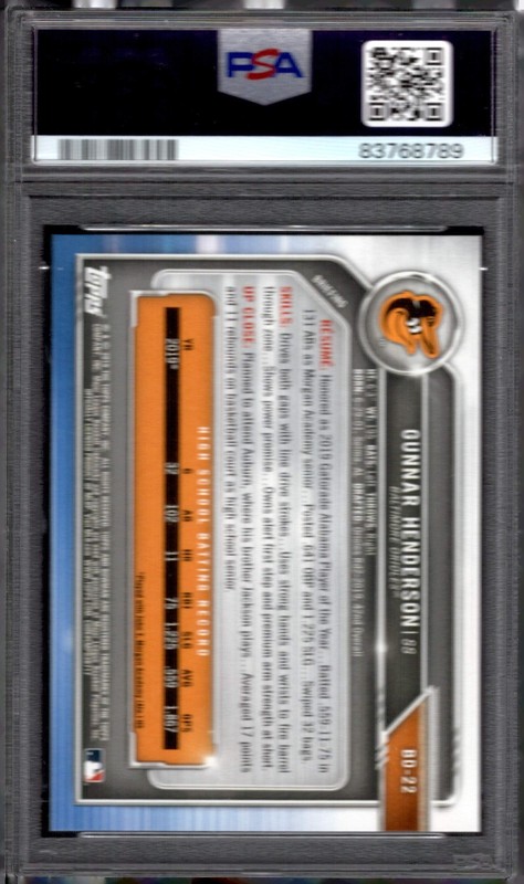 2019 Bowman Draft - Chrome Gunnar Henderson GEM MINT #BDC-22 (RC) PSA 10 view 2