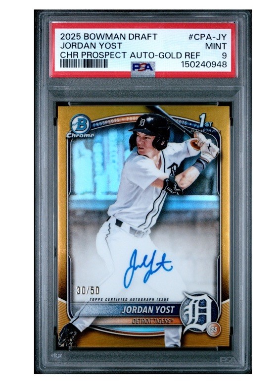 2025 Bowman Draft Jordan Yost Chrome Auto Gold Refractor 1st #/50 Tigers PSA 9