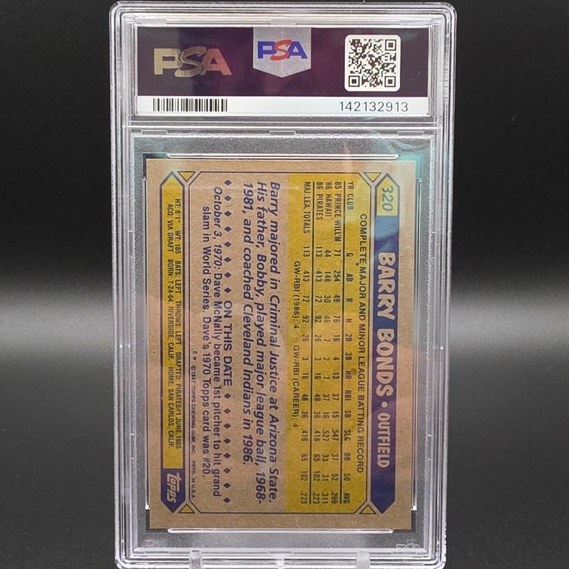 PSA 9 1987 Topps Barry Bonds Rookie #320 Pittsburgh Pirates Baseball Card view 2