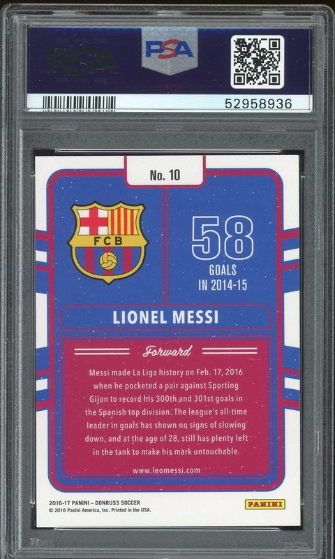 Lionel Messi 2016 Panini Donruss Production Line Gold #10 PSA 10 GEM MINT view 2