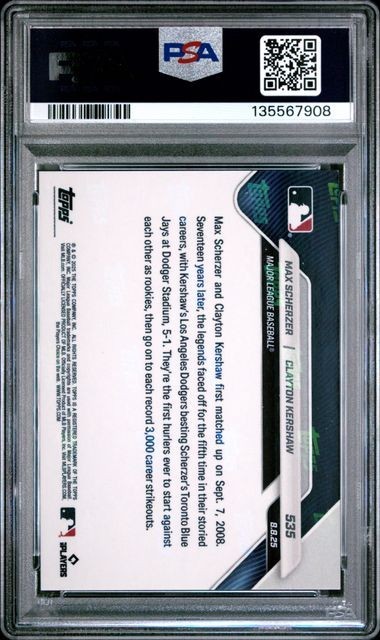 2025 Topps Now Red #535 Max Scherzer & Clayton Kershaw Legends Matchup /5 PSA 9 view 2