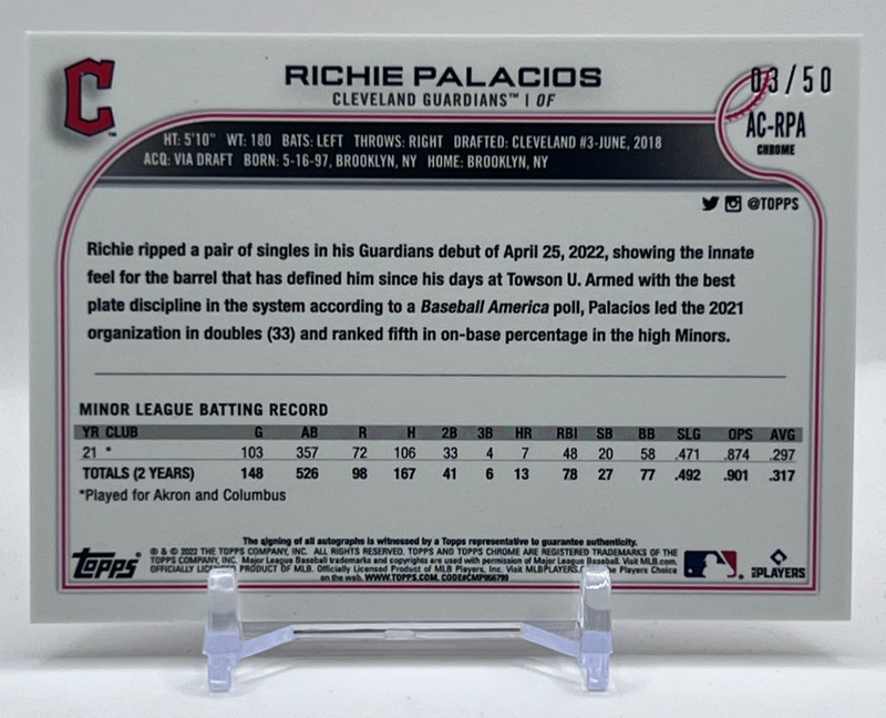 2022 Topps Chrome Update Richie Palacios RC Gold Auto /50 Guardians AC-RPA Rays view 2