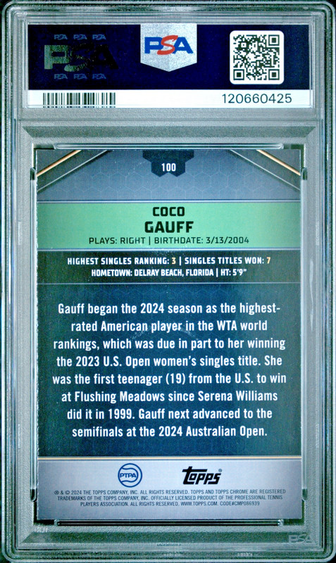 2024 TOPPS GRAPHITE TENNIS AQUA REFRACTOR #100 COCO GAUFF 89/199 PSA 10 view 2