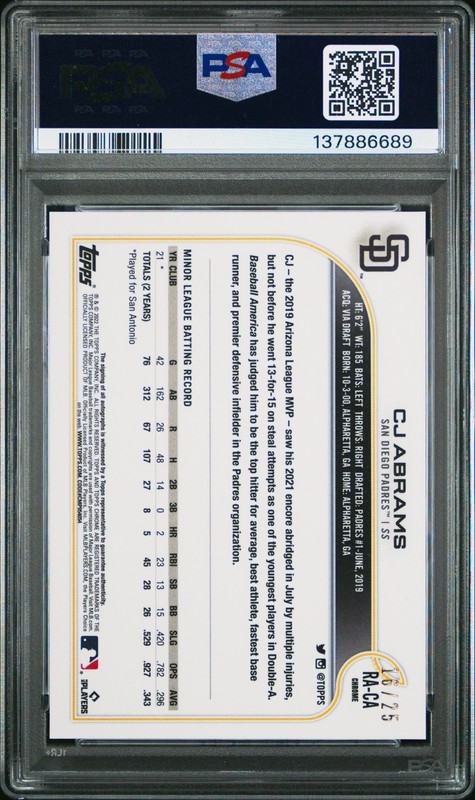CJ Abrams 2022 Topps Chrome Orange Refractor RC Auto /25 PSA 10 Gem (#RA-CA) view 2
