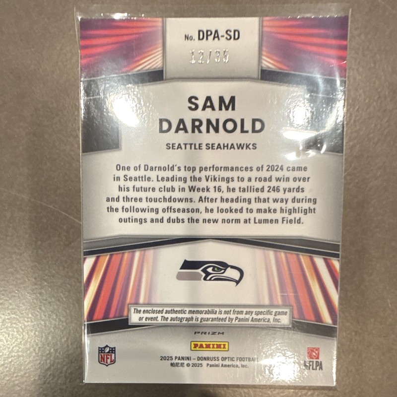 2025 Panini Donruss Optic Dynamic Patch Auto Sam Darnold Seahawks DPA-SD /35 view 2