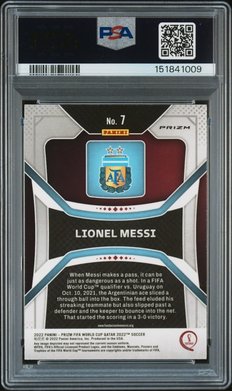 Lionel Messi 2022 Prizm FIFA World Cup Qatar #7 Green Wave PSA 8 Argentina view 2