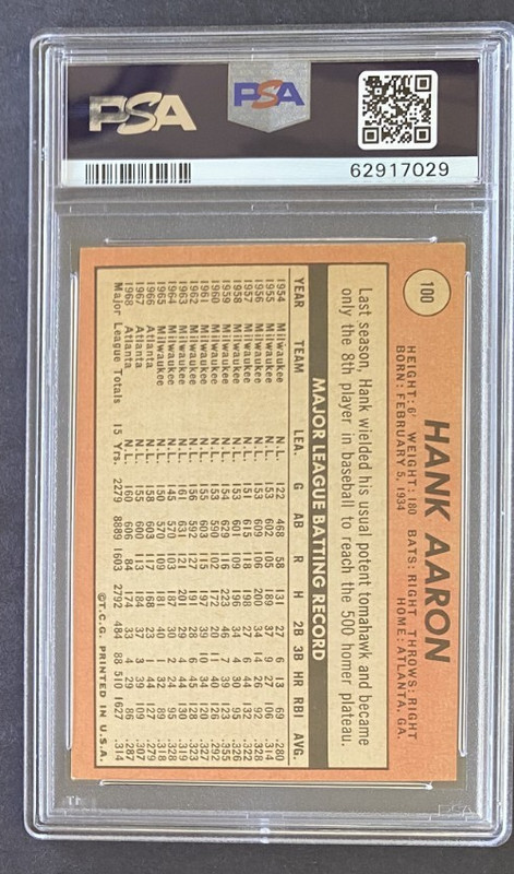 1969 Topps #100 Hank Aaron HOF Atlanta Braves PSA 4 view 2
