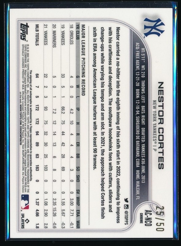 Nestor Cortes 2022 Topps Chrome Gold Refractor Auto 25/50 view 2