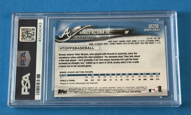 2018 Topps Update Ronald Acuna Jr. US250 Rookie PSA 9  At Bat Braves Blue Jersey view 2