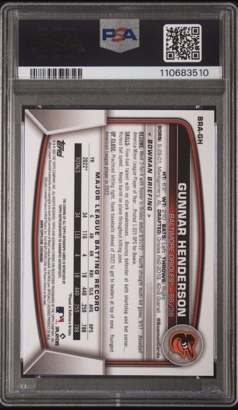 2023 Bowman Chrome Mega Box GUNNAR HENDERSON Orange #/25 Refractor Auto PSA 10 view 2