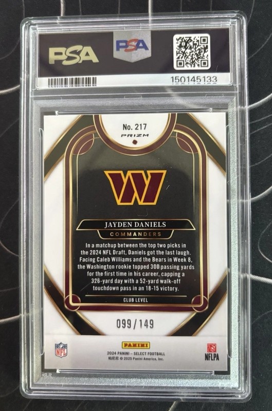2024 Panini Select Jayden Daniels Club Level Tri-Color Prizm /149 RC #217 PSA 9 view 2