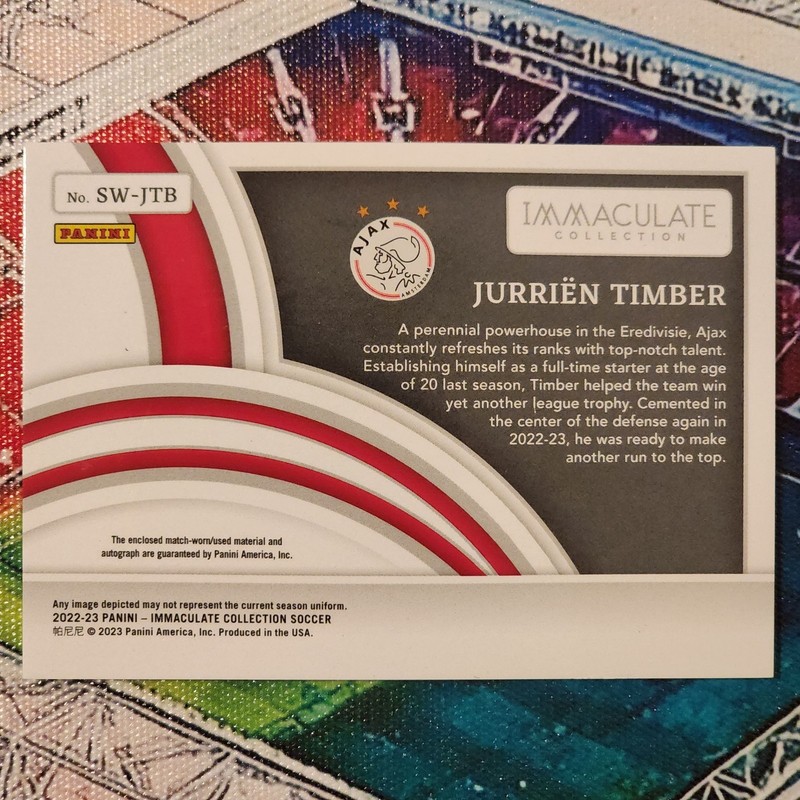 2022-23 Panini Immaculate Soccer Jurrien Timber Match Worn Patch Auto /5 view 2