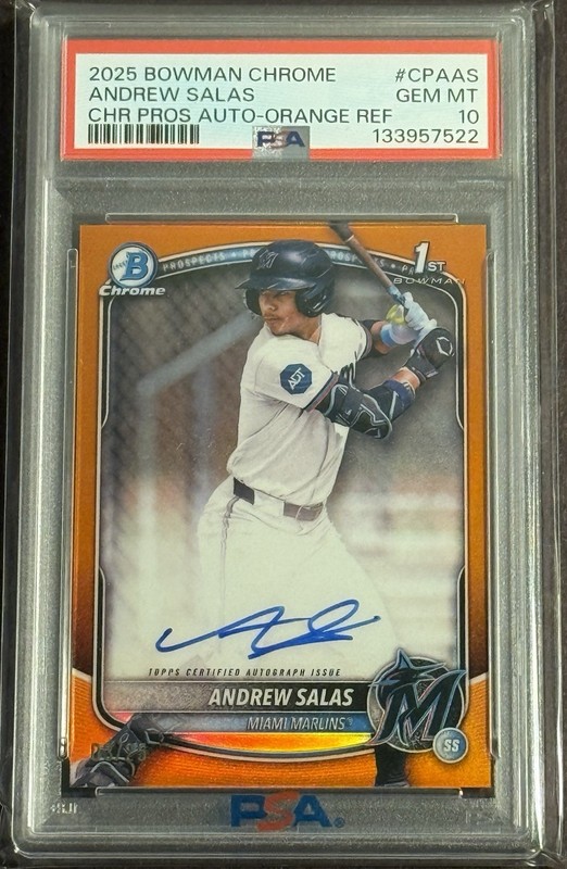 2025 Bowman Chrome Andrew Salas 1st Bowman True Orange Refractor Auto /25 PSA 10