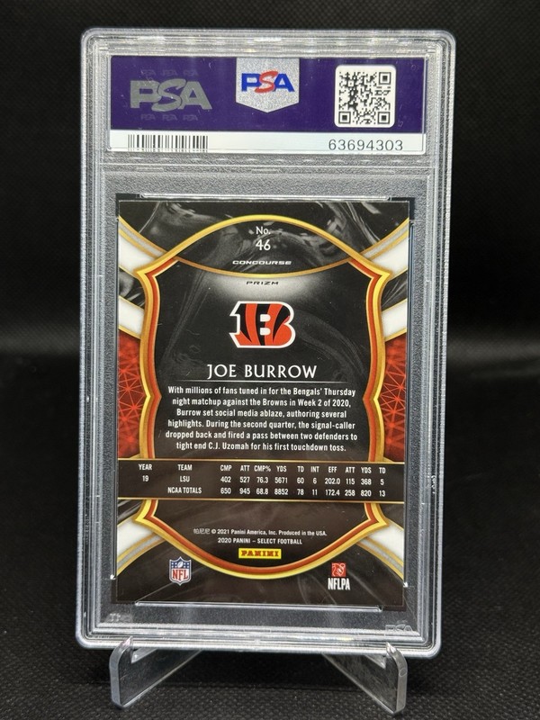 2020 Joe Burrow Panini Select Concourse Level Silver Prizm Rookie #46 PSA 10 RC view 2