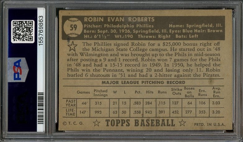 1952 Topps #59 Robin Roberts GOOD Black Back PSA 2 Philadelphia Phillies 9863 view 2