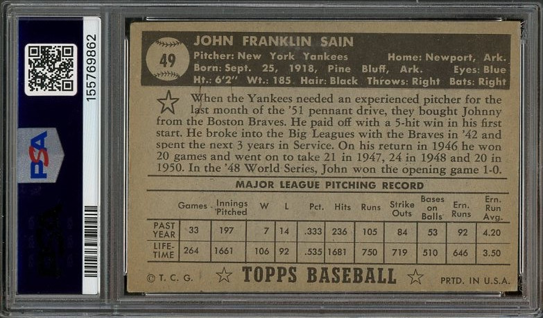 1952 Topps #49 Johnny Sain EX Correct Bio-Black Back PSA 5 New York Yankees 9862 view 2