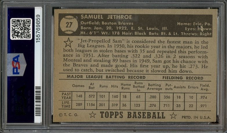 1952 Topps #27 Sam Jethroe EX Black Back PSA 5 Boston Braves 9859 view 2
