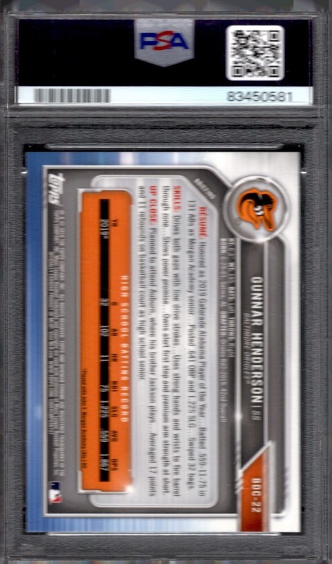 2019 Bowman Draft Chrome Gunnar Henderson #BDC-22 PSA 10 MINT 2l4 view 2