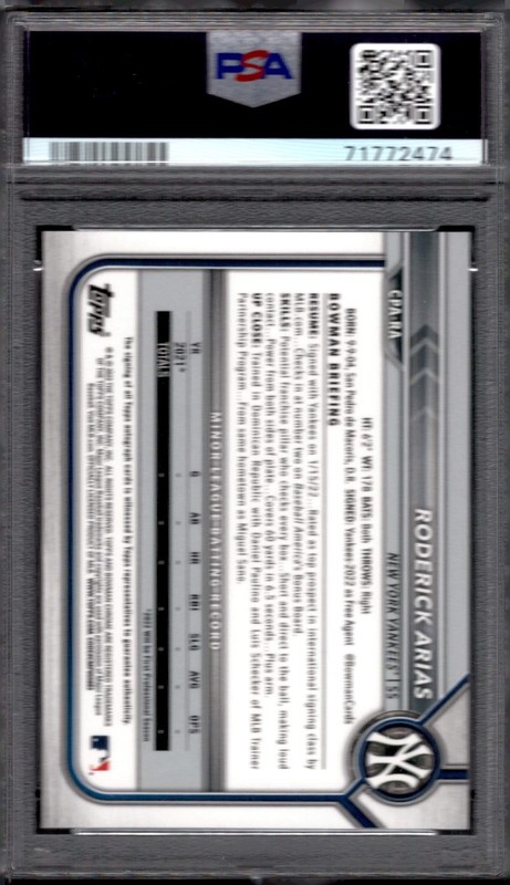 2022 Roderick Arias Bowman Chrome 1st Auto YANKEES PSA 10 GEM MINT view 2