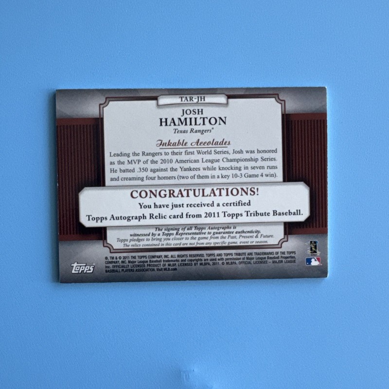 2011 Topps Tribute Josh Hamilton Gold Patch Auto 01/20 #TAR-JH Texas Rangers view 2
