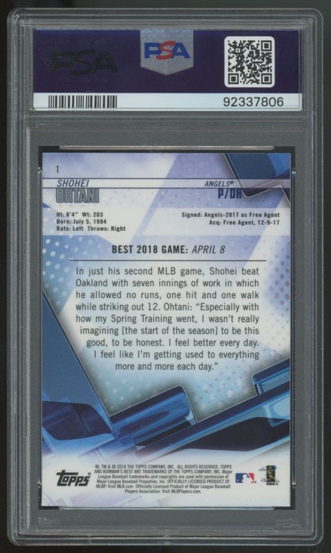 2018 Bowman's Best Shohei Ohtani RC #1 PSA 9 view 2