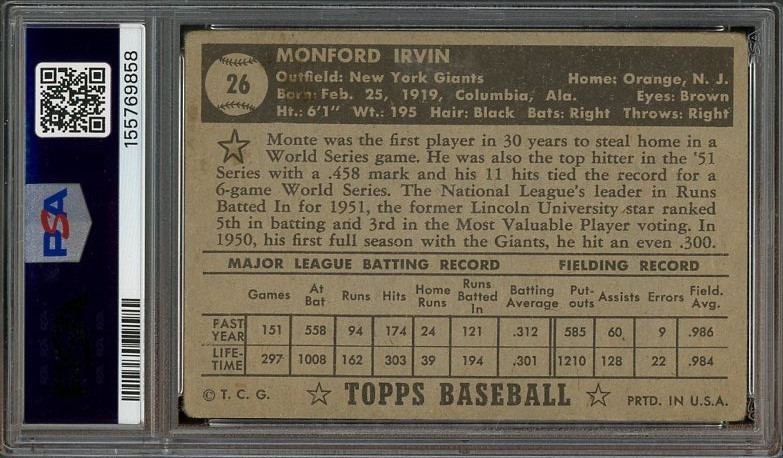 1952 Topps #26 Monty Irvin PR Black Back PSA 1 New York Giants 9858 view 2