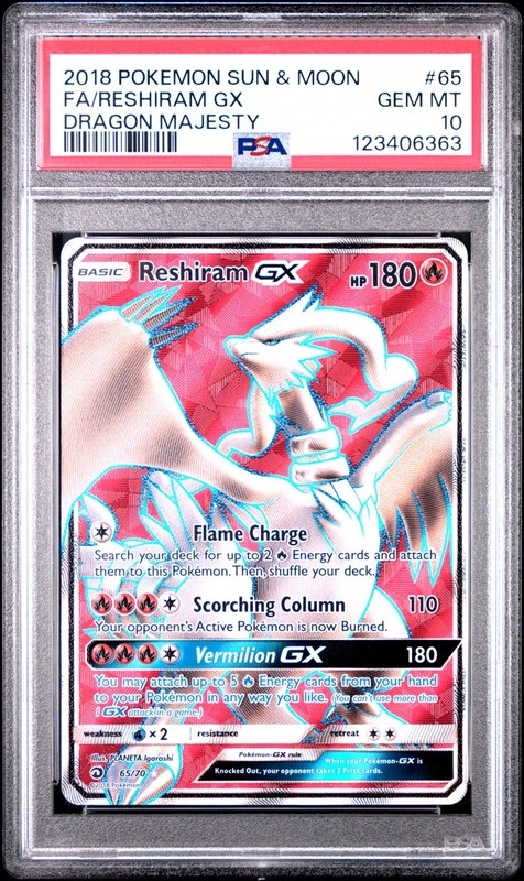PSA 10 RESHIRAM GX 65 DRAGON MAJESTY FULL ART SUN & MOON POKEMON