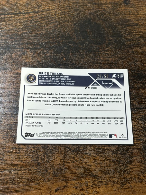 2023 Topps Chrome Update Brice Turang Auto RC Gold Wave Refractor #/50 Brewers view 2