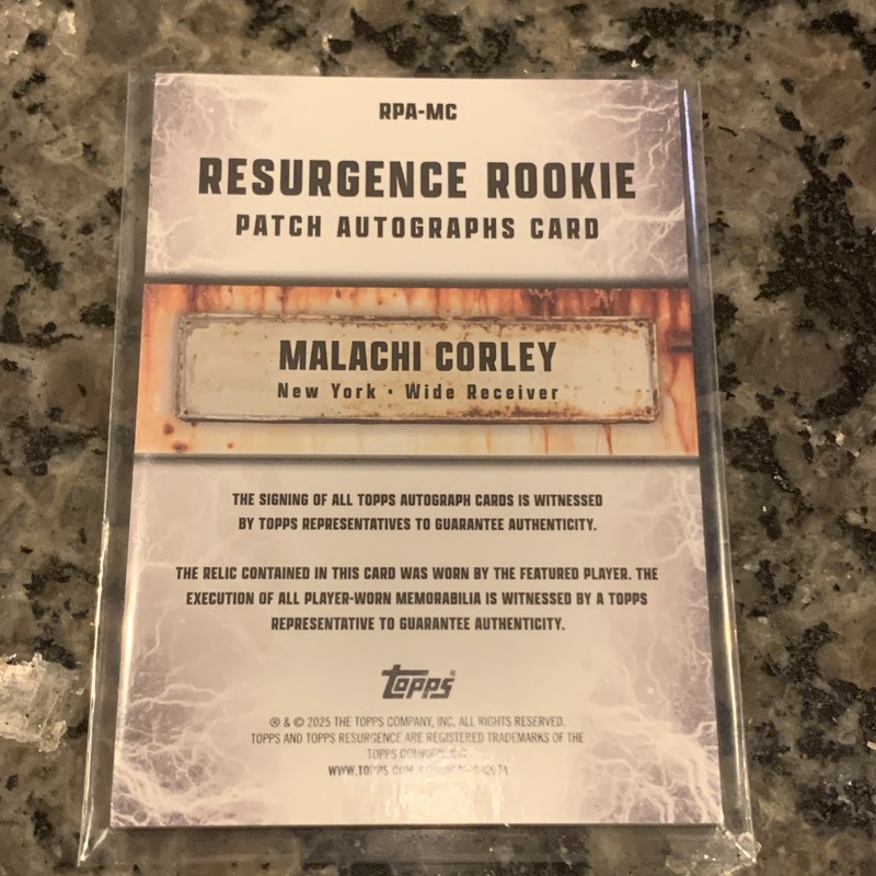 Malachi Corley 2024 Resurgence #RPA-MC Rookie Patch Auto White Surge /125 RC view 2