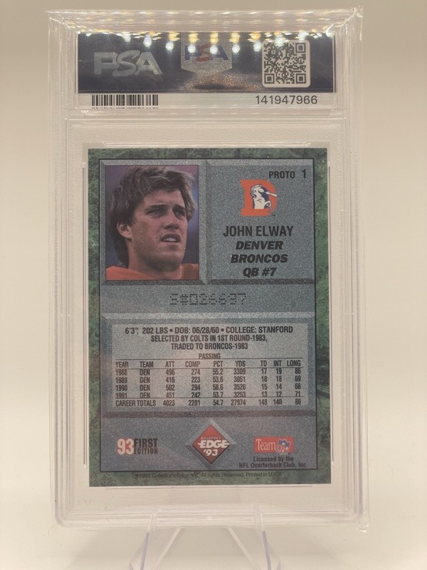 John Elway Auto PSA 9 Auto Auth 1993 Collector’s Edge Prototype #1 Broncos HOF view 2