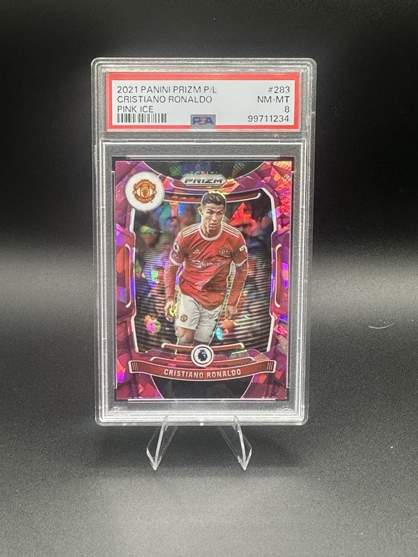 Panini 2021-22 Prizm Premier League Cristiano Ronaldo #283 Pink Ice PSA 8