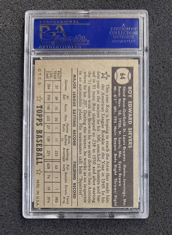 1952 Topps Baseball - #64 Roy Sievers (Black) - PSA 7 view 2