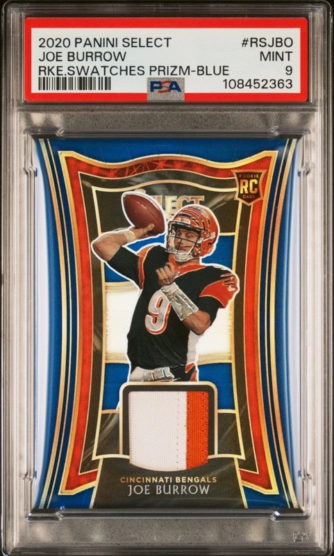 2020 Panini Select Joe Burrow Rookie Swatches Blue Prizm Patch /35 RC PSA 9