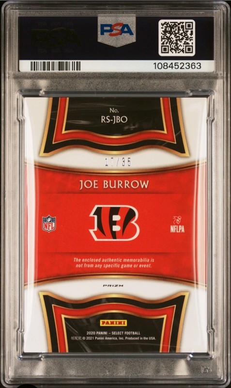2020 Panini Select Joe Burrow Rookie Swatches Blue Prizm Patch /35 RC PSA 9 view 2