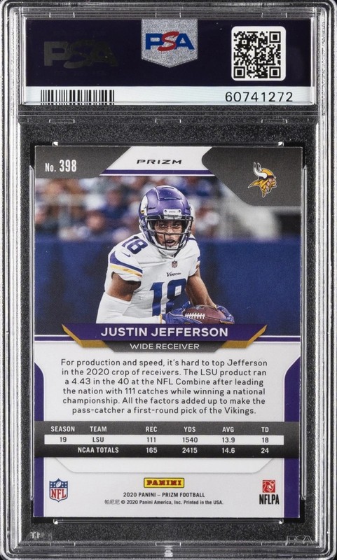 2020 Panini Prizm Blue Prizm Justin Jefferson #398 Rookie RC PSA 9 Mint Vikings view 2