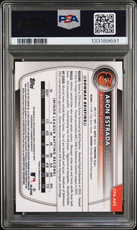 2025 Bowman Chrome Autograph Aron Estrada Speckle Auto /299 PSA 10 GEM MINT view 2