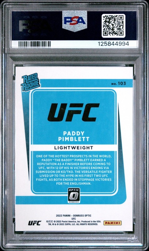 2022 Panini Donruss Optic UFC Rated Rookie Paddy Pimblett #103 Rookie RC PSA 9 view 2