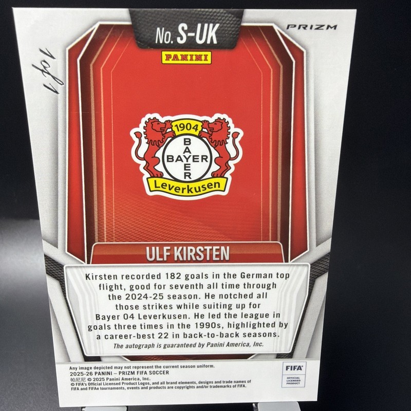 2025-26 Panini Prizm FIFA FOTL Ulf Kirsten Black Shimmer Auto 1/1 Laverkusen view 2