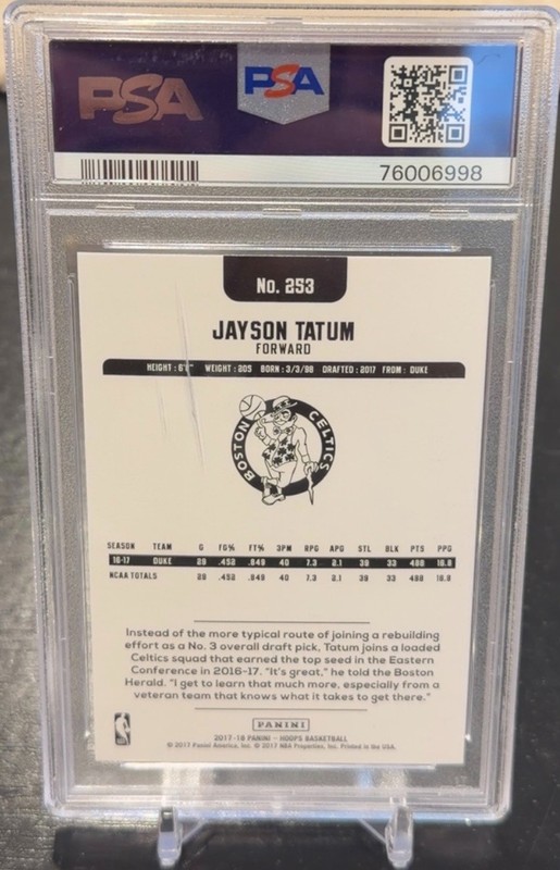Jayson Tatum 2017-18 Panini NBA Hoops Blue Parallel Rookie PSA 9 view 2