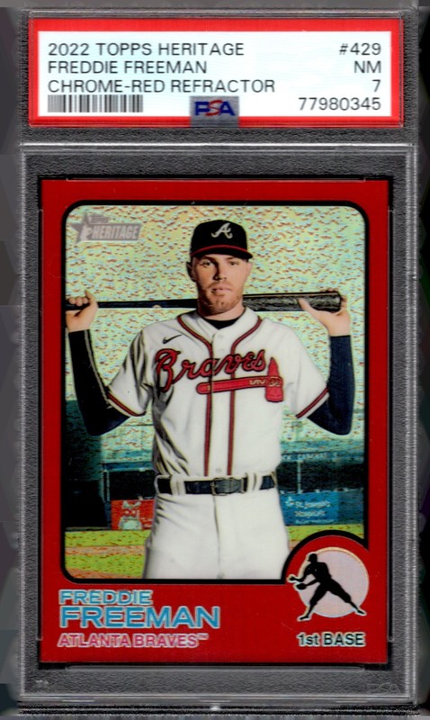 2022 Topps Heritage Freddie Freeman #429 Red Chrome Refractor /573 Braves PSA 7 view 1