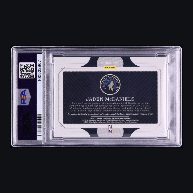 2020 National Treasures Jumbo Super Prime Jaden McDaniels 1/1 ROOKIE Patch PSA 7 view 2