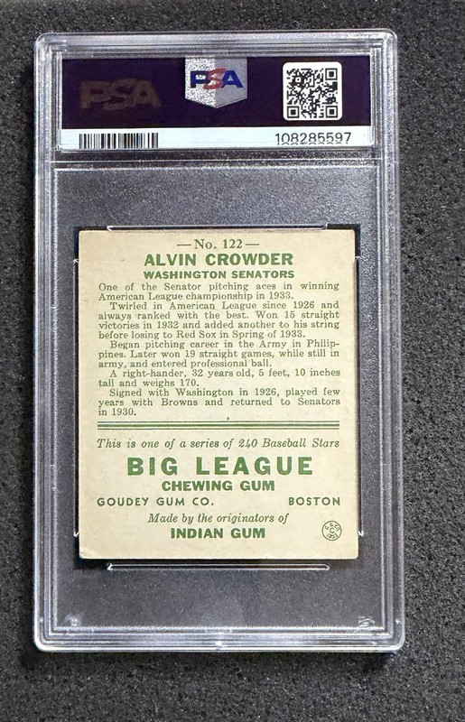 1933 Goudey - #122 Alvin Crowder - PSA 3 (Newly Graded) view 2