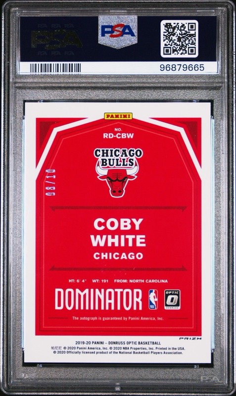 2019-20 Panini Optic Rookie Dominators Gold Prizm Coby White Auto /10 PSA 10 view 2