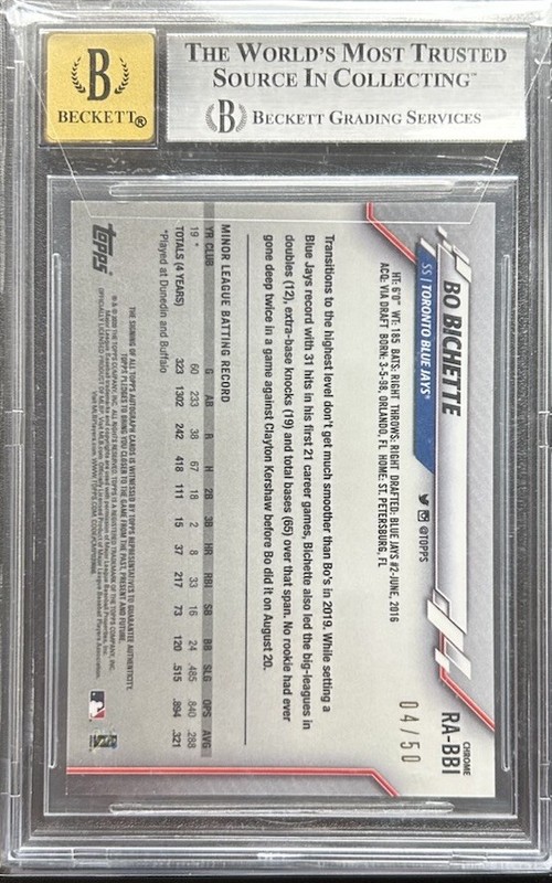Bo Bichette 2020 Topps Chrome Gold Refractor Rookie Auto /50 BGS 8 (#RA-BBI) view 2